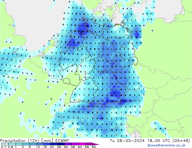 Precipitation (12h) ECMWF Tu 28.05.2024 06 UTC