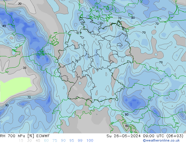 RH 700 hPa ECMWF Su 26.05.2024 09 UTC