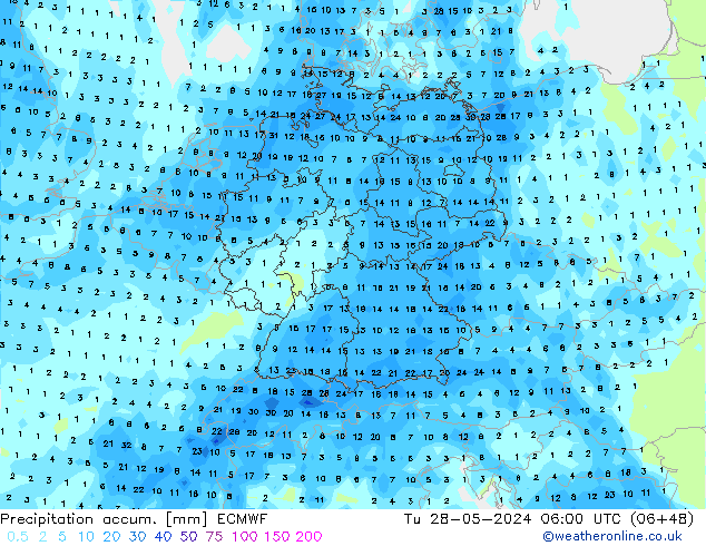 Precipitation accum. ECMWF Tu 28.05.2024 06 UTC