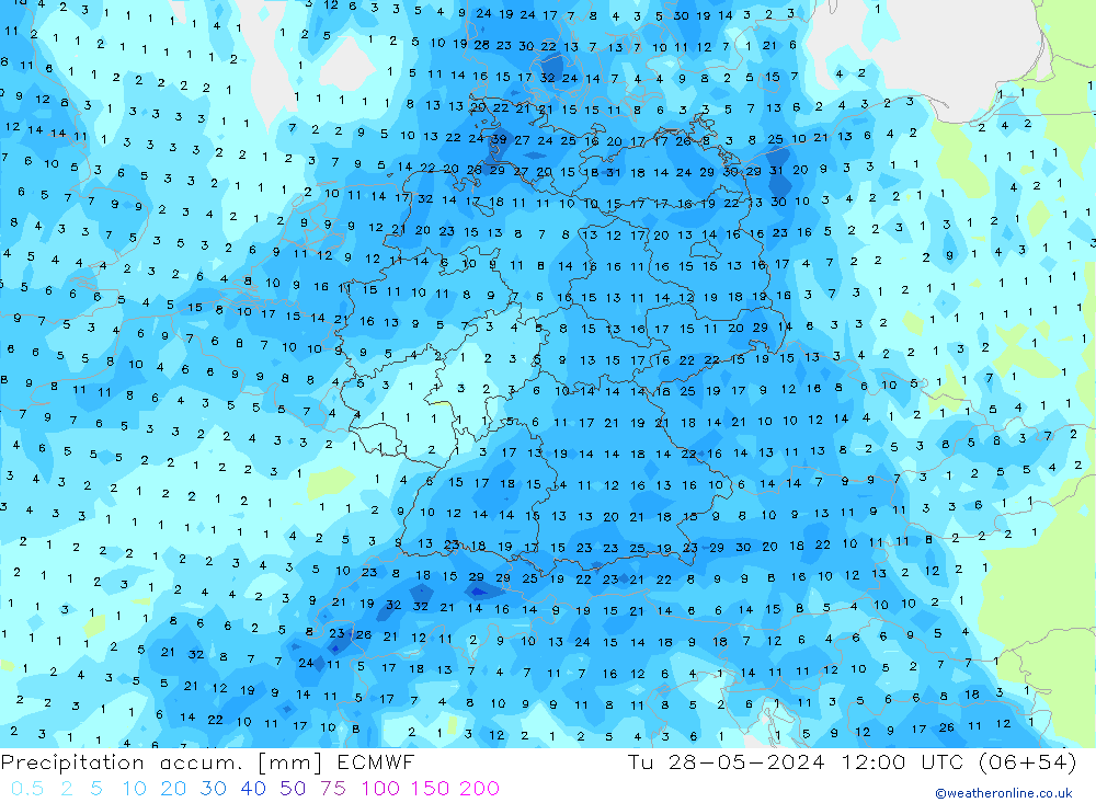 Totale neerslag ECMWF di 28.05.2024 12 UTC