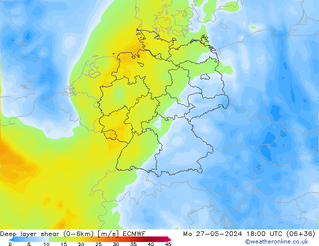 Deep layer shear (0-6km) ECMWF lun 27.05.2024 18 UTC