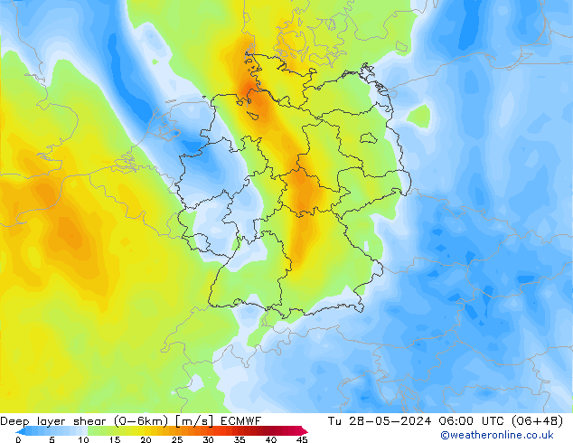 Deep layer shear (0-6km) ECMWF mar 28.05.2024 06 UTC