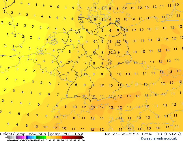 Z500/Rain (+SLP)/Z850 ECMWF Mo 27.05.2024 12 UTC