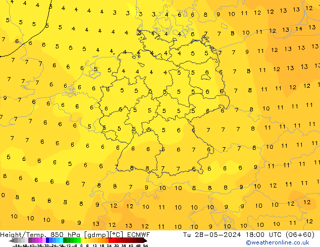 Height/Temp. 850 hPa ECMWF Út 28.05.2024 18 UTC