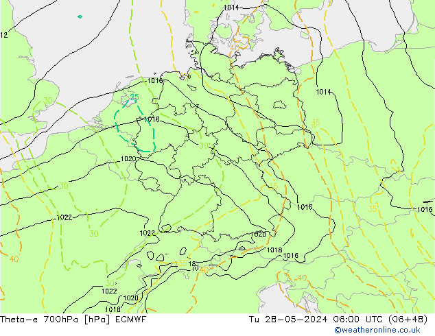 Theta-e 700hPa ECMWF Sa 28.05.2024 06 UTC