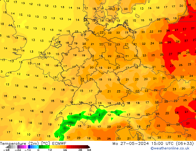 Temperatura (2m) ECMWF Seg 27.05.2024 15 UTC