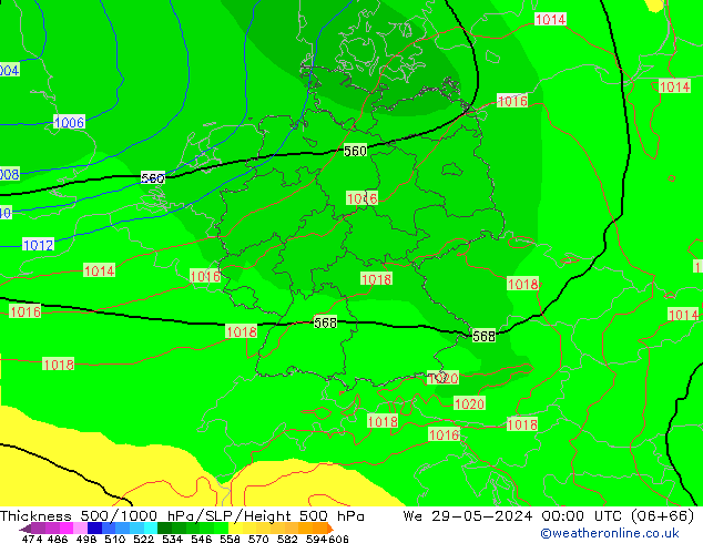 Espesor 500-1000 hPa ECMWF mié 29.05.2024 00 UTC