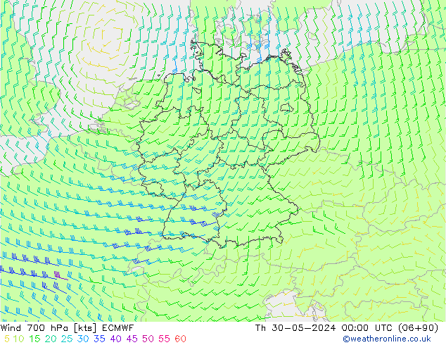 wiatr 700 hPa ECMWF czw. 30.05.2024 00 UTC