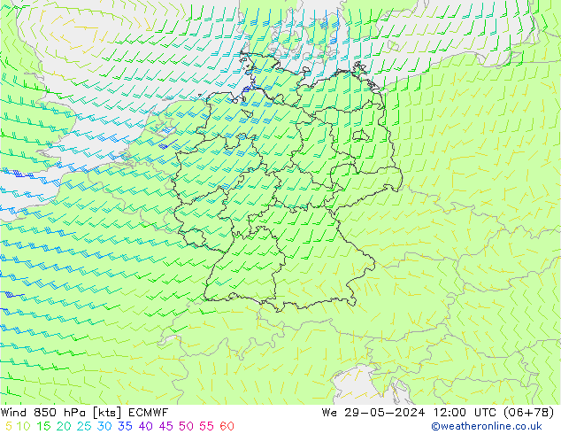 wiatr 850 hPa ECMWF śro. 29.05.2024 12 UTC