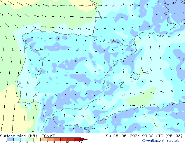 Surface wind (bft) ECMWF Su 26.05.2024 09 UTC