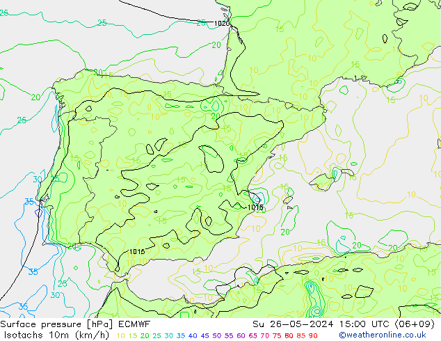 Isotachs (kph) ECMWF dim 26.05.2024 15 UTC