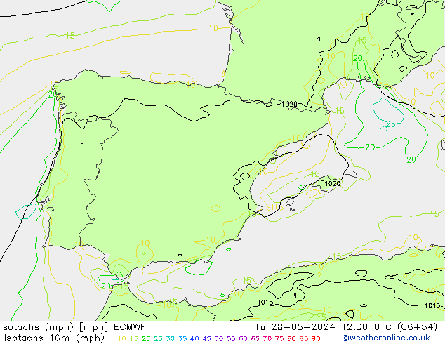 Isotachs (mph) ECMWF Út 28.05.2024 12 UTC