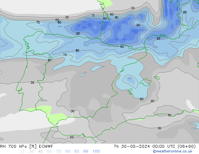 RH 700 hPa ECMWF Qui 30.05.2024 00 UTC