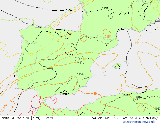 Theta-e 700hPa ECMWF So 26.05.2024 06 UTC