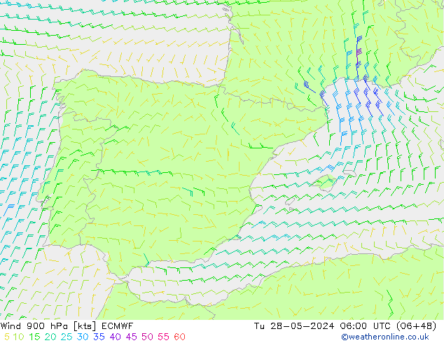 wiatr 900 hPa ECMWF wto. 28.05.2024 06 UTC