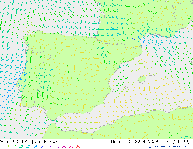 wiatr 900 hPa ECMWF czw. 30.05.2024 00 UTC