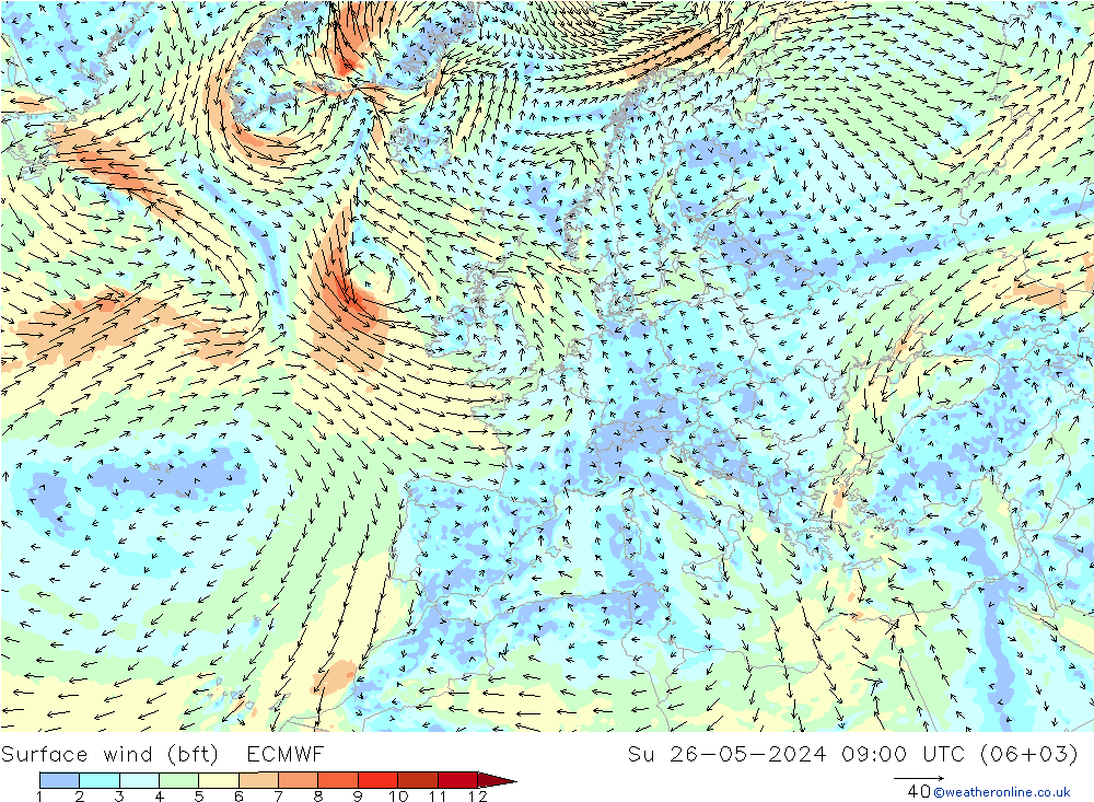 Bodenwind (bft) ECMWF So 26.05.2024 09 UTC