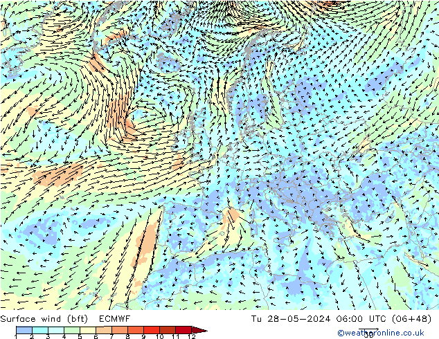 Surface wind (bft) ECMWF Tu 28.05.2024 06 UTC