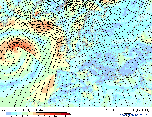 Surface wind (bft) ECMWF Th 30.05.2024 00 UTC