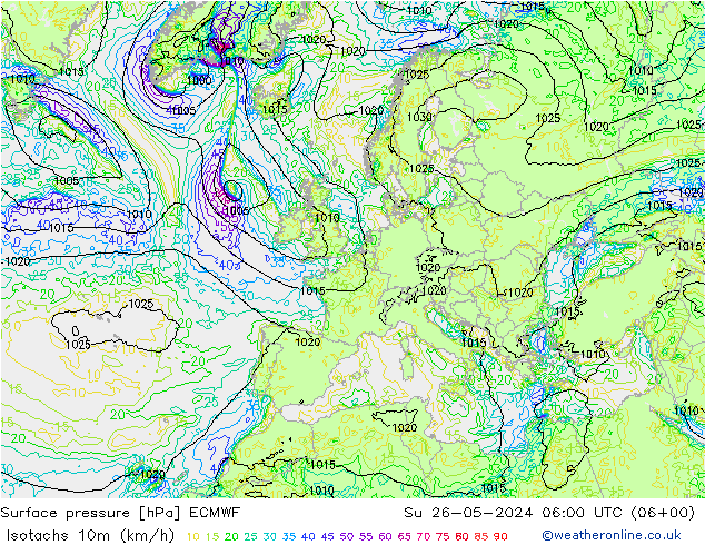 Isotachs (kph) ECMWF Ne 26.05.2024 06 UTC