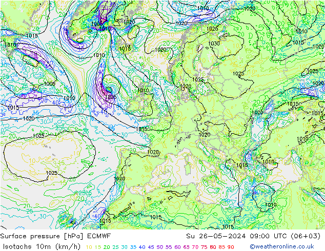 Isotachen (km/h) ECMWF zo 26.05.2024 09 UTC