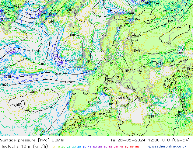 Isotachs (kph) ECMWF mar 28.05.2024 12 UTC