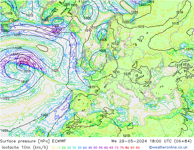 Isotachen (km/h) ECMWF Mi 29.05.2024 18 UTC