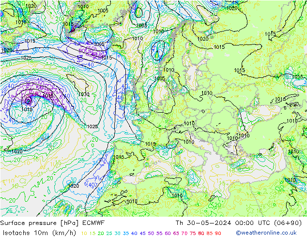 Isotachen (km/h) ECMWF Do 30.05.2024 00 UTC
