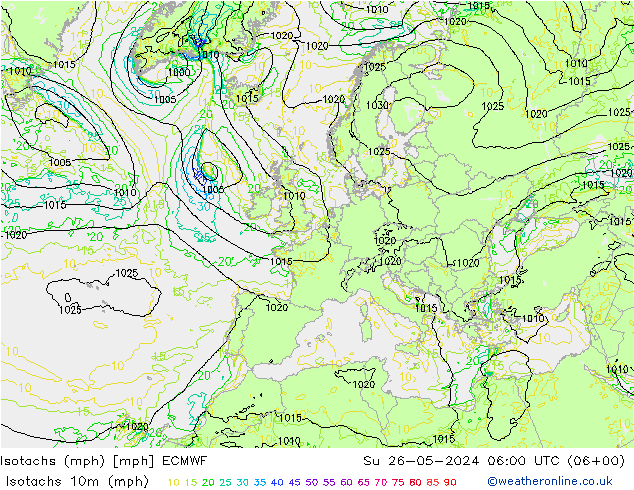 Isotachs (mph) ECMWF 星期日 26.05.2024 06 UTC