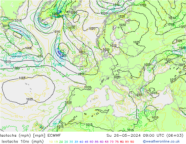 Isotachs (mph) ECMWF Su 26.05.2024 09 UTC