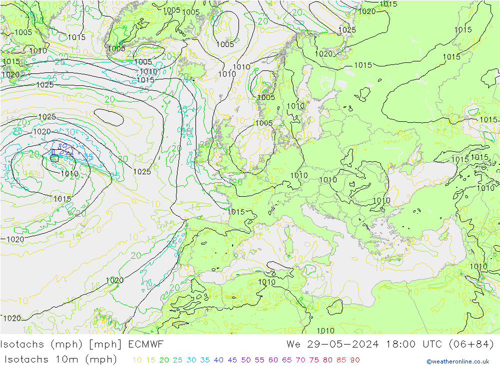 Isotachen (mph) ECMWF Mi 29.05.2024 18 UTC