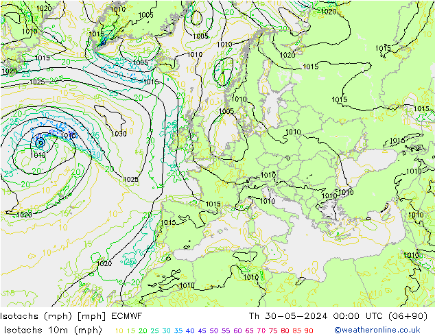 Isotachs (mph) ECMWF Čt 30.05.2024 00 UTC