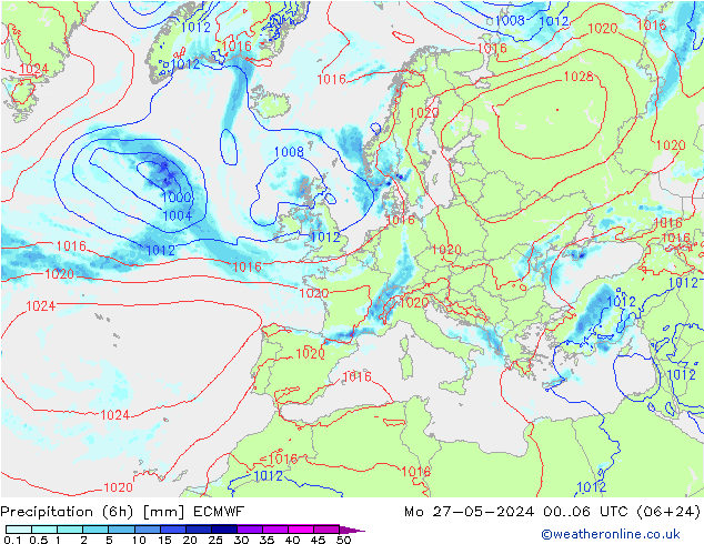 Z500/Rain (+SLP)/Z850 ECMWF pon. 27.05.2024 06 UTC