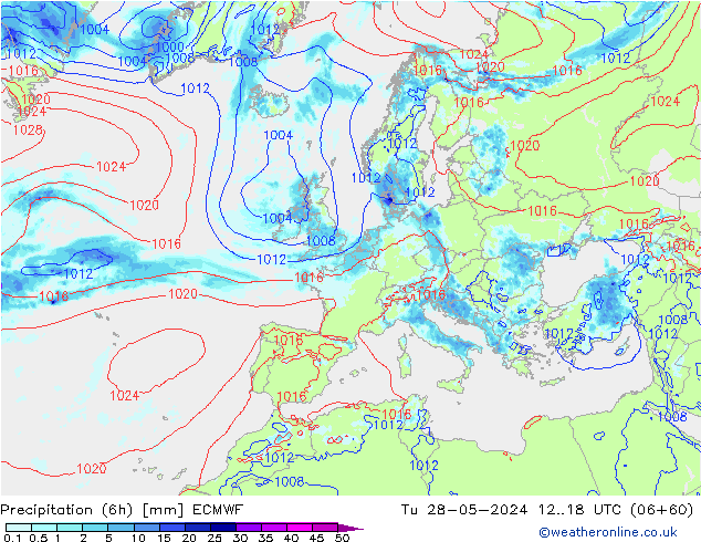 Totale neerslag (6h) ECMWF di 28.05.2024 18 UTC