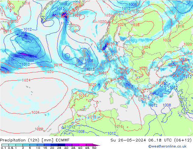 Precipitación (12h) ECMWF dom 26.05.2024 18 UTC