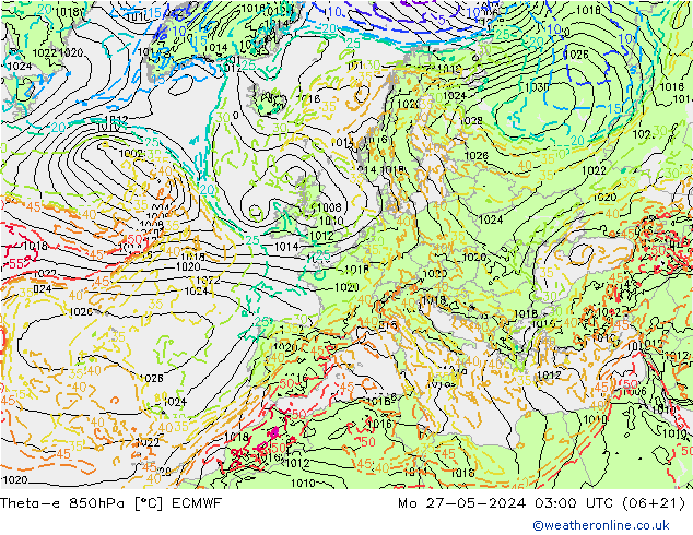 Theta-e 850hPa ECMWF 星期一 27.05.2024 03 UTC