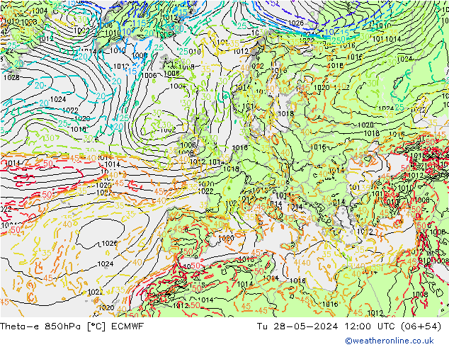 Theta-e 850hPa ECMWF Di 28.05.2024 12 UTC