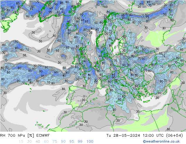 RH 700 hPa ECMWF Út 28.05.2024 12 UTC