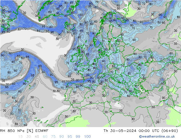 RH 850 hPa ECMWF gio 30.05.2024 00 UTC