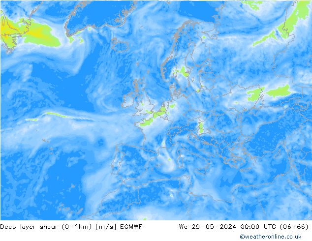 Deep layer shear (0-1km) ECMWF mer 29.05.2024 00 UTC