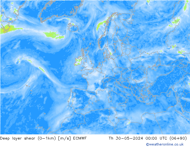 Deep layer shear (0-1km) ECMWF gio 30.05.2024 00 UTC