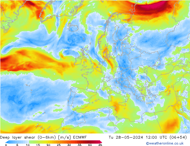 Deep layer shear (0-6km) ECMWF mar 28.05.2024 12 UTC