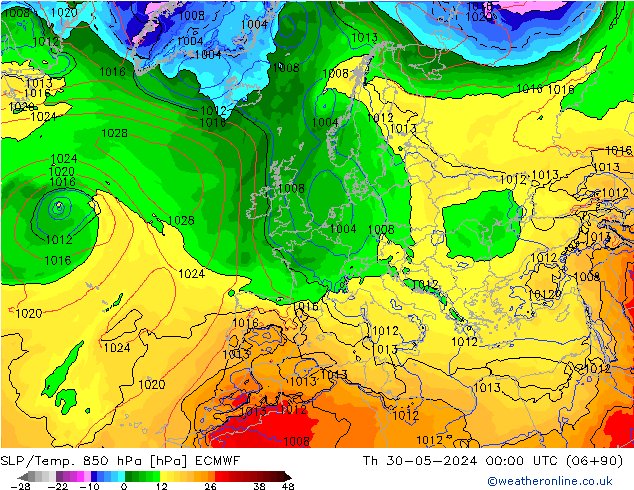 SLP/Temp. 850 hPa ECMWF Čt 30.05.2024 00 UTC