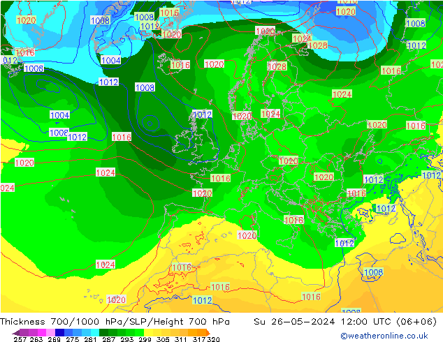 Thck 700-1000 hPa ECMWF Su 26.05.2024 12 UTC