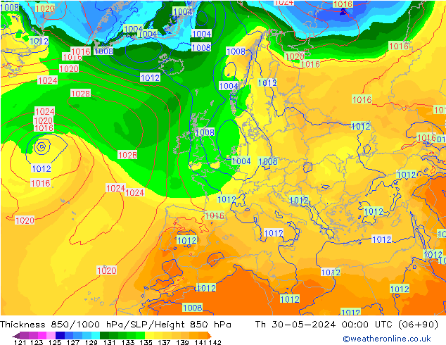 Thck 850-1000 hPa ECMWF czw. 30.05.2024 00 UTC