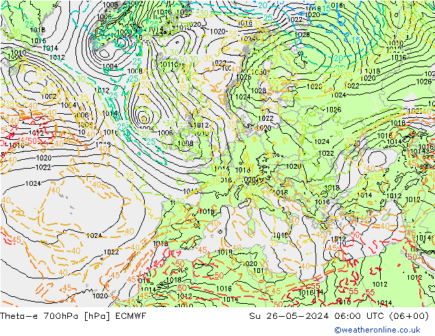 Theta-e 700hPa ECMWF Su 26.05.2024 06 UTC