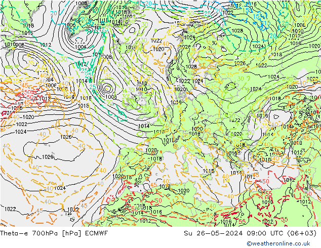 Theta-e 700hPa ECMWF Dom 26.05.2024 09 UTC