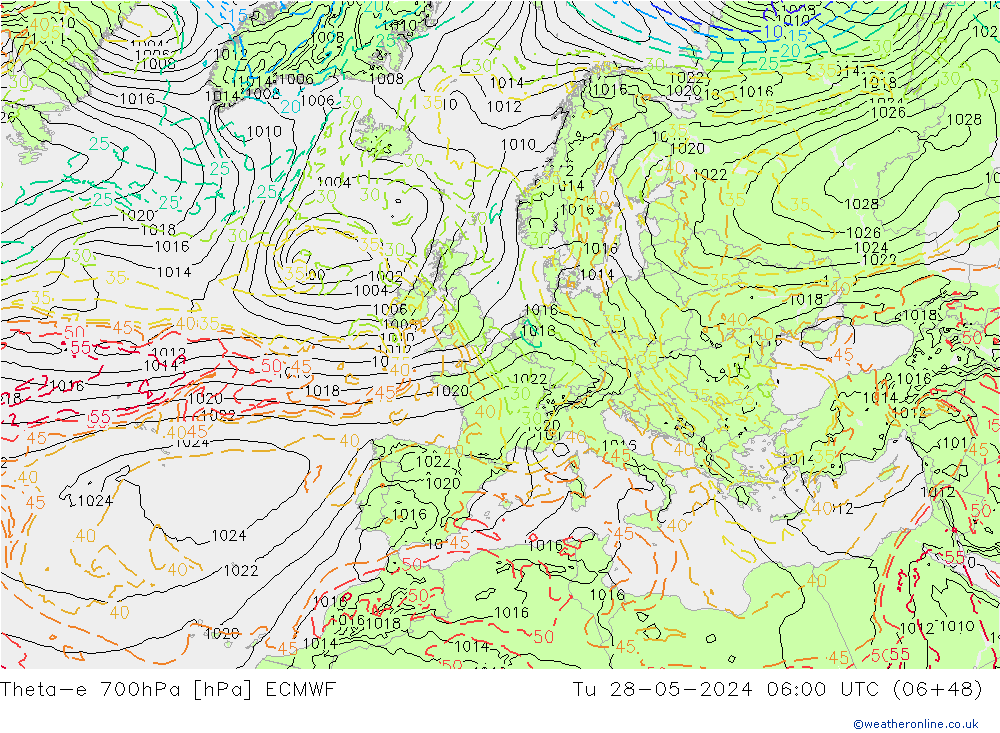 Theta-e 700hPa ECMWF Sa 28.05.2024 06 UTC