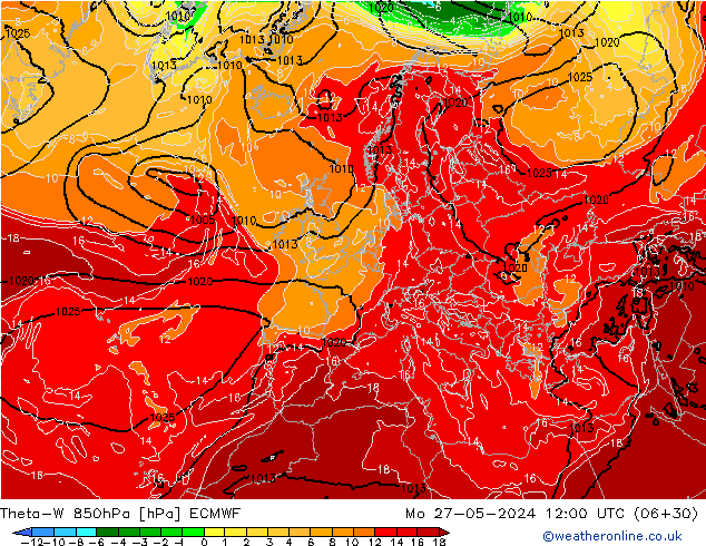 Theta-W 850hPa ECMWF pon. 27.05.2024 12 UTC