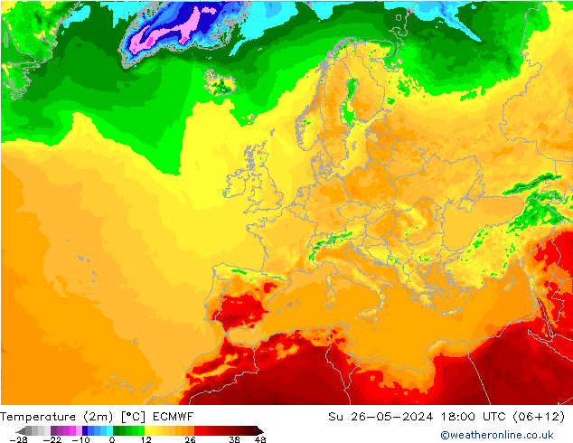 Temperatuurkaart (2m) ECMWF zo 26.05.2024 18 UTC